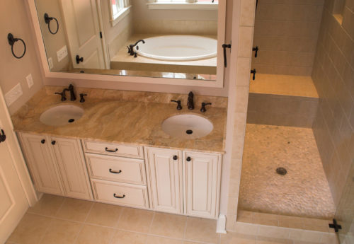 bathroom, bath, room, house, inside, interior, residential, shower, tile, sink, double, faucet, plumbing, cabinet, counter, marble, tub, clean, remodel, architecture, build, handle, drain, bench, expensive, luxurious